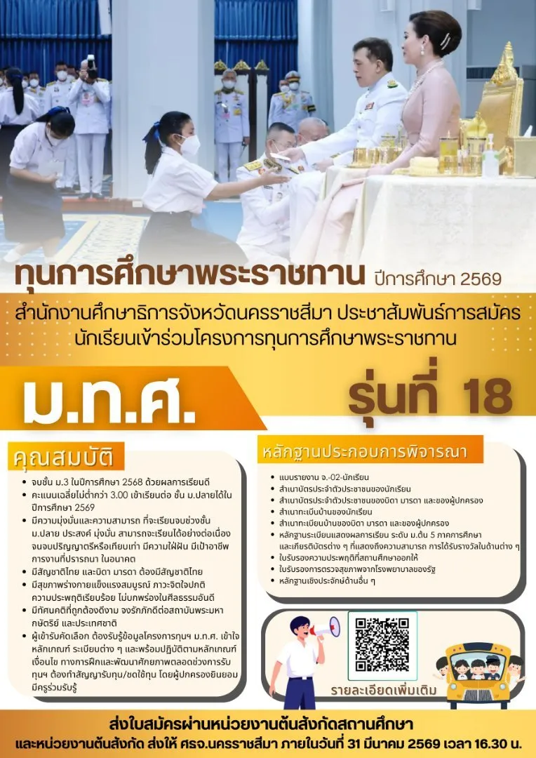 ภาพประกอบข่าว สำนักงานศึกษาธิการจังหวัดนครราชสีมา ประชาสัมพันธ์การรับสมัครนักเรียนเข้าร่วมโครงการทุนการ…